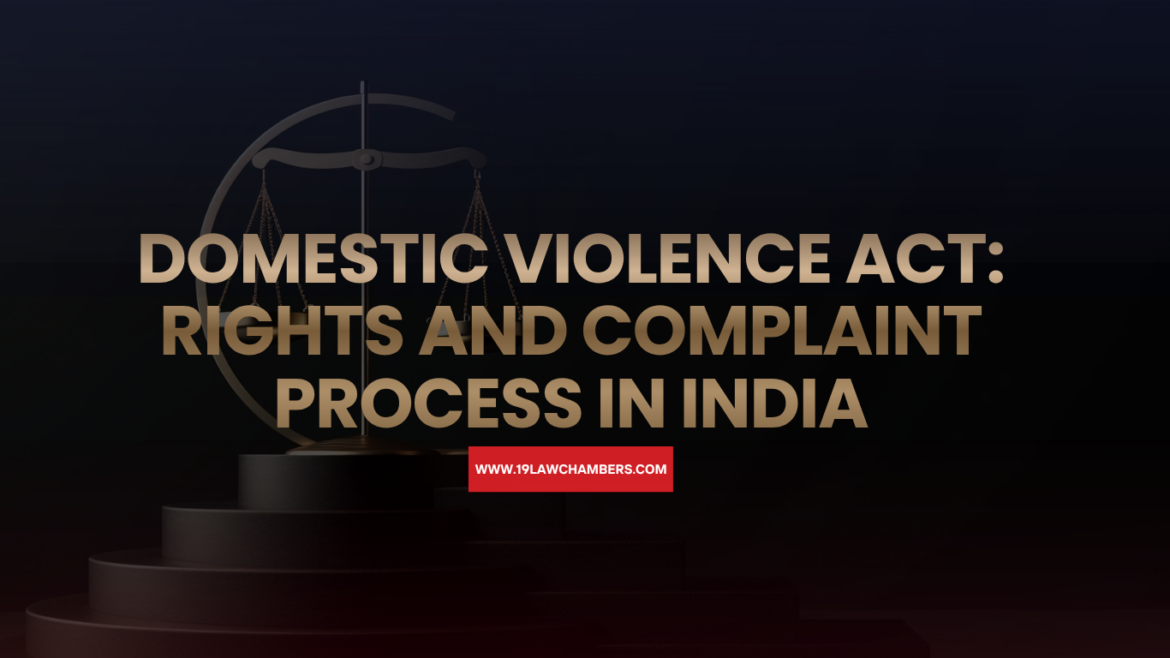 Illustration or infographic explaining the Domestic Violence Act in India, highlighting women's legal rights, protection measures, and the step-by-step complaint filing process through police, protection officers, or courts.